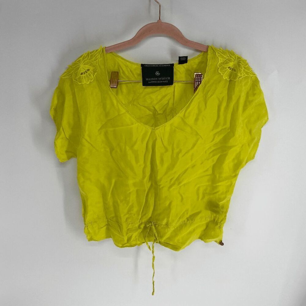 Maison Scotch Women’s Fluorescent Yellow V-Neck Cap Sleeve Top Size 1